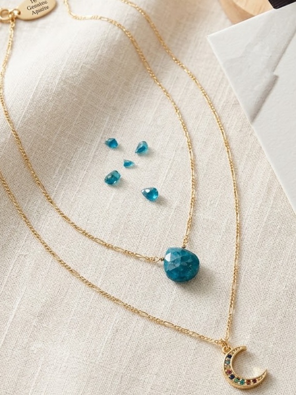 Luna Norte Gold Layered Necklace with Teal Gem and Crescent Pendant